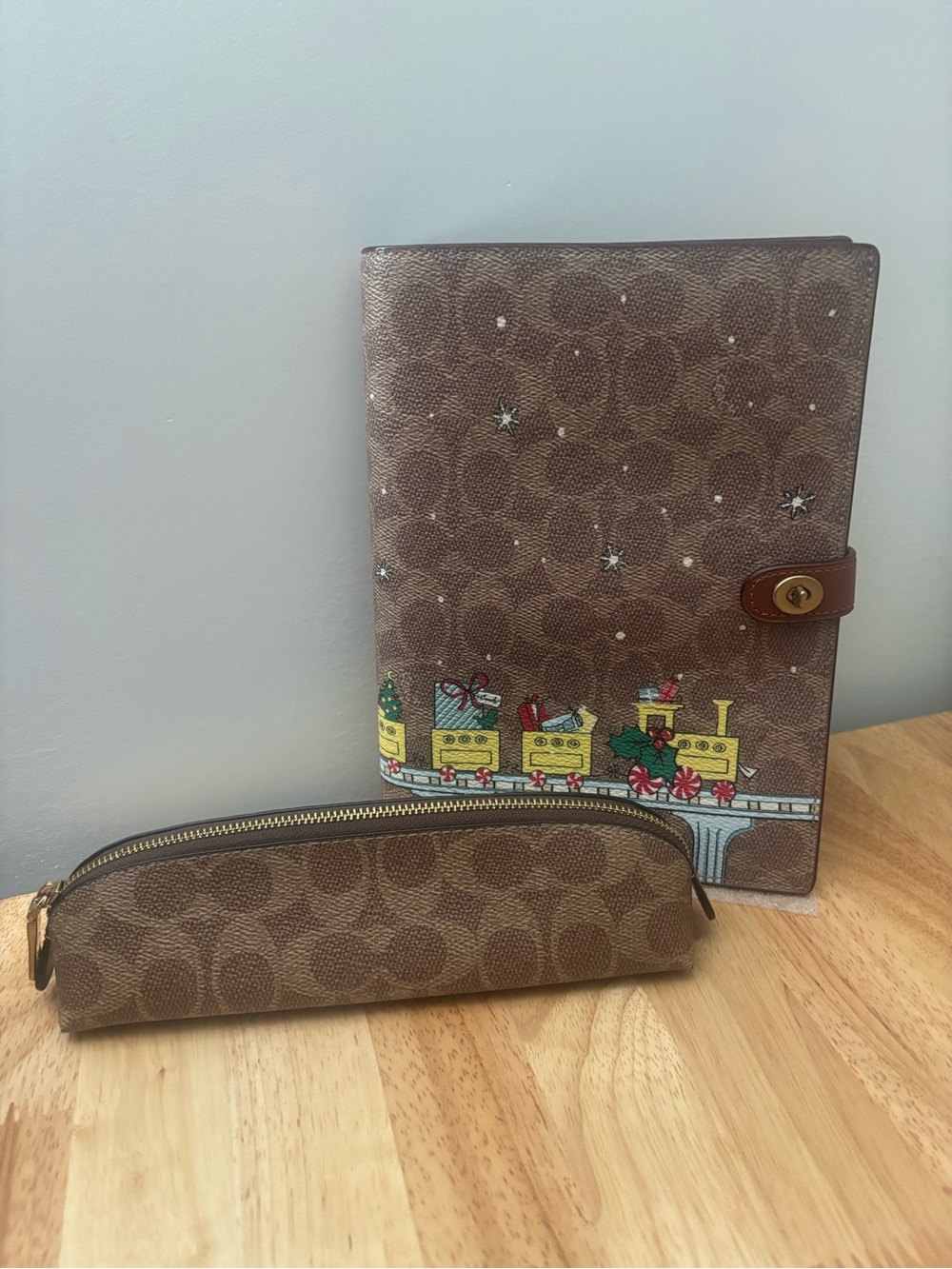 Coach Brown Signature Holiday Train Notebook Folio with Zip Pouch